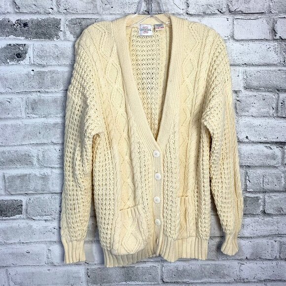 Vintage V-Neck Button Front Chunky Knit Fisherman Cardigan Sweater - Picture 1 of 13